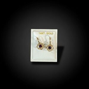 14K Yellow Gold Red Stone Flower‎ Dangle Drop Earrings Petite with Gift Box